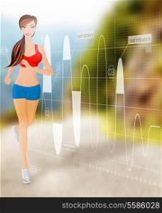 Full length portrait of young sexy attractive young running jogging woman on technology background vector illustration