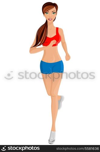 Full length portrait of young sexy attractive young running woman isolated on white background vector illustration