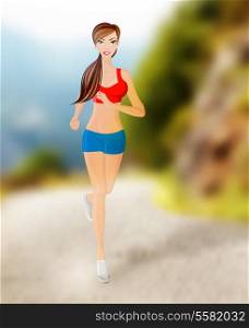 Full length portrait of young sexy attractive young running woman on outdoor background vector illustration
