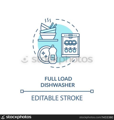 Full load dishwasher turquoise concept icon. Preserve electricity consumption. Water usage. Resource saving idea thin line illustration. Vector isolated outline RGB color drawing. Editable stroke. Full load dishwasher turquoise concept icon