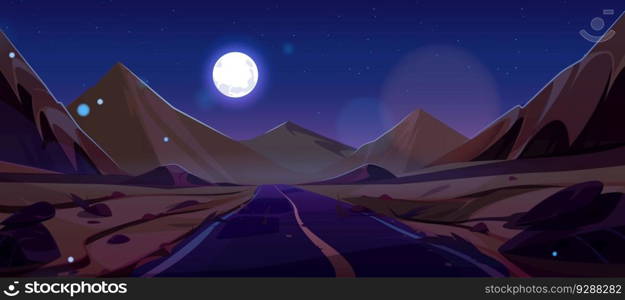 Full moon night road in Egypt african sand desert vector cartoon illustration. Rocky mountain hills terrain in Africa with stars in sky and moonlight game background. Drought wilderness asphalt route. Full moon night road in Egypt african sand desert