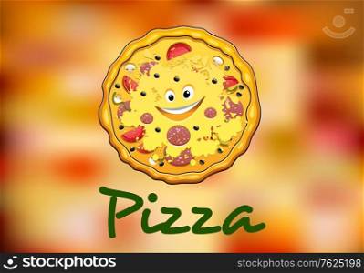 Full round cartoon pizza on abstract colorful food background for pizzeria design