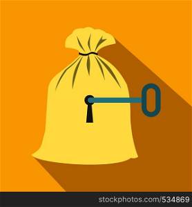 Full sack with a keyhole icon in flat style on a yellow background. Full sack with a keyhole icon, flat style