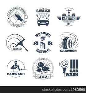 Full service and excellent quality mobile car wash companies chains black emblems labels collection isolated vector illustration . Car Wash Black Emblems Icons Set