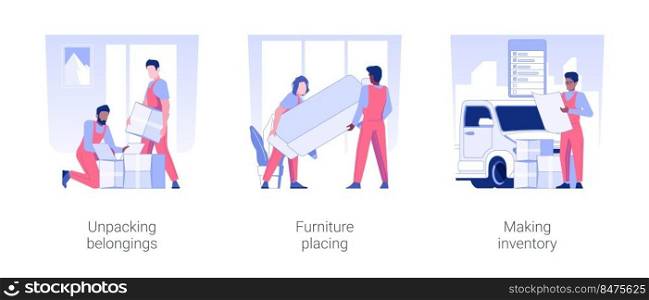 Full service moving company isolated concept vector illustration set. Unpacking belongings, furniture placing, making inventory, couriers delivery services, real estate business vector cartoon.. Full service moving company isolated concept vector illustrations.