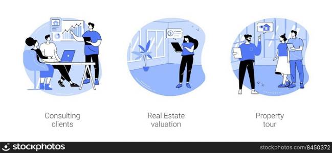 Full-service real estate firm isolated cartoon vector illustrations set. Broker consulting client in the office, real estate valuation, comparative market analysis, B2B property tour vector cartoon.. Full-service real estate firm isolated cartoon vector illustrations se