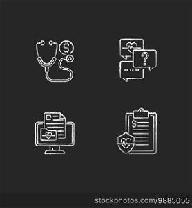 Full-service telehealth platform chalk white icons set on black background. Consultation fee. Free question to specialist. Doctor check up cost. Isolated vector chalkboard illustrations. Full-service telehealth platform chalk white icons set on black background