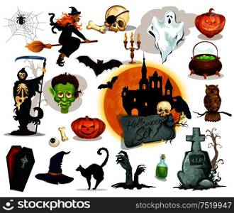 Full set of Halloween traditional characters and elements. Pumpkin candle lantern, witch broom and hat, potion cauldron, zombie grave stone, haunted castle ghost, vampire coffin, skeleton skull, black cat, bats, owl, spider. Full set of Halloween characters and elements