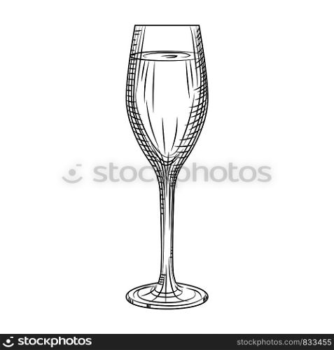Full sparkling wine glass. Hand drawn champagne glass sketch. Engraving style. Vector illustration isolated on white background.. Full sparkling wine glass. Hand drawn champagne glass sketch.