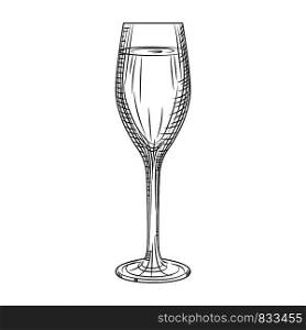 Full sparkling wine glass. Hand drawn champagne glass sketch. Engraving style. Vector illustration isolated on white background.. Full sparkling wine glass. Hand drawn champagne glass sketch.