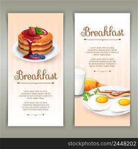 Full standard breakfast menu variants 2 flat vertical banners set with fried eggs abstract isolated vector illustration. Breakfast 2 vertical banners set
