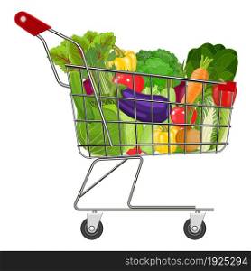 Full supermarket shopping cart with different healthy food. Supermarket shopping basket with vegetables . vector illustration in flat style.. Full supermarket shopping cart