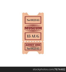 Full ticket to museum isolated retro paper card. Vector voucher access to city history museum, single entry. Invitation on excursion or exhibition, admit one to enter, mention of date and price. Entry ticket to museum isolated admit one card