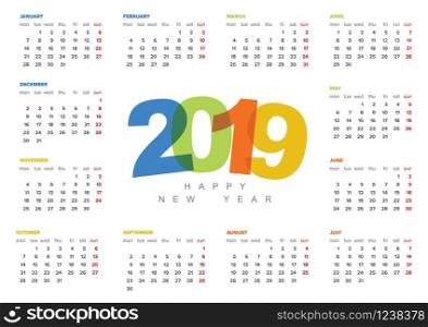 Full Vector calendar year template for the year 2019. Calendar year template 2019 - with colorful numbers and dates