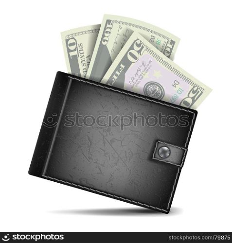 Full Wallet Vector. Black Color. Classic Modern Leather Wallet. Dollar Banknotes. Isolated Illustration. Realistic Black Wallet Vector. Money. Top View. Financial Concept. Isolated On White Background Illustration
