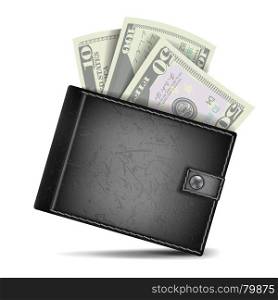 Full Wallet Vector. Black Color. Classic Modern Leather Wallet. Dollar Banknotes. Isolated Illustration. Realistic Black Wallet Vector. Money. Top View. Financial Concept. Isolated On White Background Illustration