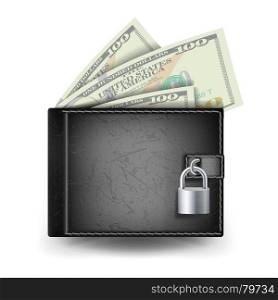 Full Wallet Vector. Black Color. Locked With Padlock. Money Secure Concept. Classic Modern Leather Wallet. Dollar Banknotes. Isolated Illustration. Full Wallet Vector. Black Color. Locked With Padlock. Money Secure Concept. Classic Modern Leather Wallet. Dollar Banknotes. Isolated