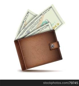 Full Wallet Vector. Brown Color. Full Wallet. Modern Leather Wallet. Dollar Banknotes. Isolated Illustration. Realistic Classic Brown Wallet Vector. Money. Top View. Financial Concept. Isolated On White Background Illustration