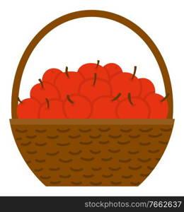 Full wicker basket of red apples, natural product, harvesting fruit. Harvest festival in Europe, agricultural element, pottle with handle, festive vector. Apples in Basket, Harvest Festival, Fruit Vector