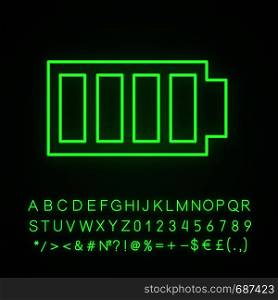Fully charged battery neon light icon. Charge completed. Battery level indicator. Glowing sign with alphabet, numbers and symbols. Vector isolated illustration. Fully charged battery neon light icon