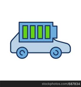 Fully charged electric car battery color icon. Auto charge completed. Eco friendly automobile battery level indicator. Isolated vector illustration. Fully charged electric car battery color icon