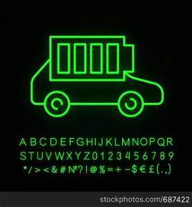 Fully charged electric car battery neon light icon. Auto charge completed. Eco friendly automobile battery level indicator. Glowing sign with alphabet, numbers. Vector isolated illustration. Fully charged electric car battery neon light icon