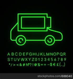 Fully charged electric car battery neon light icon. Auto charge completed. Eco friendly automobile battery level indicator. Glowing sign with alphabet, numbers and symbols. Vector isolated illustration. Fully charged electric car battery neon light icon