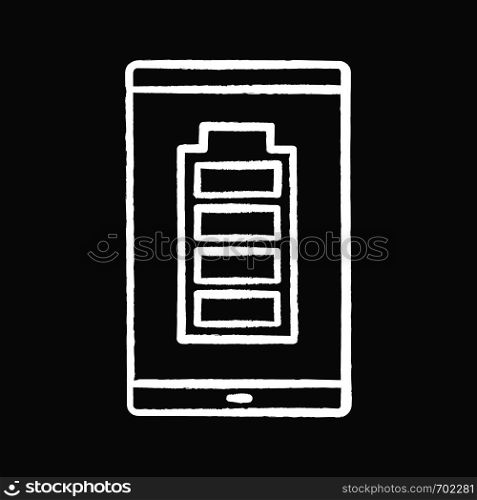 Fully charged smartphone battery chalk icon. Mobile phone charge completed. Battery level indicator. Isolated vector chalkboard illustrations. Fully charged smartphone battery chalk icon