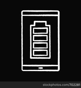 Fully charged smartphone battery chalk icon. Mobile phone charge completed. Battery level indicator. Isolated vector chalkboard illustrations. Fully charged smartphone battery chalk icon