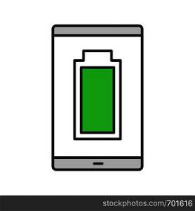 Fully charged smartphone battery color icon. Mobile phone charge completed. Battery level indicator. Isolated vector illustration. Fully charged smartphone battery color icon