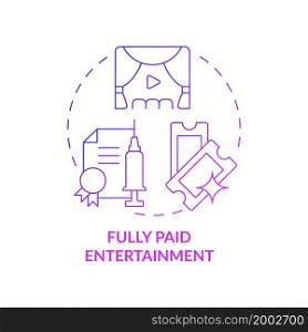 Fully paid entertainment purple gradient concept icon. Vaccination bonuses abstract idea thin line illustration. Offering gifts and memberships. Free admission. Vector isolated outline color drawing. Fully paid entertainment purple gradient concept icon
