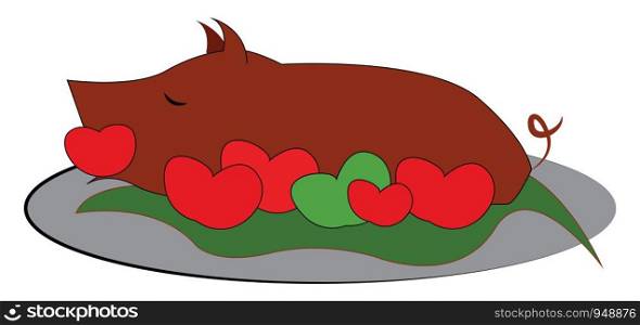 Fully roasted brown pig with tomatoes, vector, color drawing or illustration.