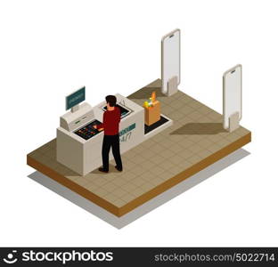 Fully self-service automatic secure checkout payment processing technology in grocery supermarket section isometric composition vector illustration   . Supermarket Shopping Technology Isometric Composition 