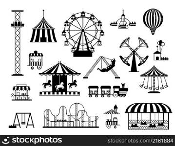 Fun amusement carnival park attractions and carousels black silhouettes. Funfair circus tent, swings, train and hot air balloon vector set. Elements for family rest or leisure time in park. Fun amusement carnival park attractions and carousels black silhouettes. Funfair circus tent, swings, train and hot air balloon vector set