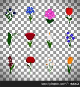 Fun and cute vector spring flowers icons isolated on transparent background. Spring flowers icons on transparent background