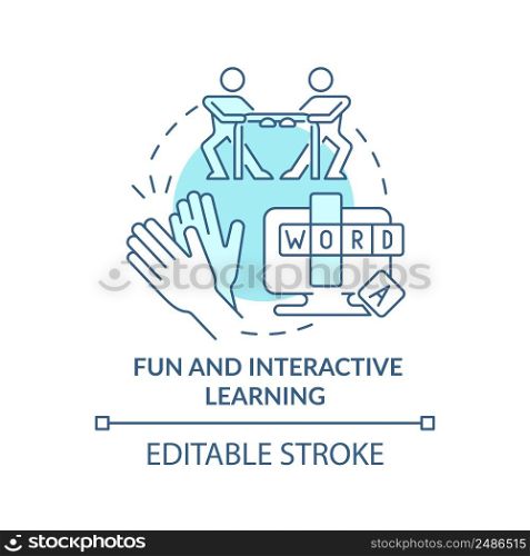 Fun and interactive learning turquoise concept icon. Gamification education trend abstract idea thin line illustration. Isolated outline drawing. Editable stroke. Arial, Myriad Pro-Bold fonts use. Fun and interactive learning turquoise concept icon