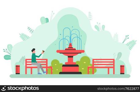 Fun and recreation in park vector, man sitting on wooden bench. Person surrounded by bushes and foliage. Fountain with water, natural resources quiet. Man Sitting in Park, Male with Bird Bench Vector