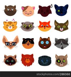 Fun cartoon cat faces. Cute kitten portraits vector set. Cartoon cats animal face illustration. Fun cartoon cat faces. Cute kitten portraits vector set