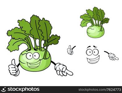 Fun cartoon kohlrabi with a laughing face and fresh green leaves, vector illustration isolated on white