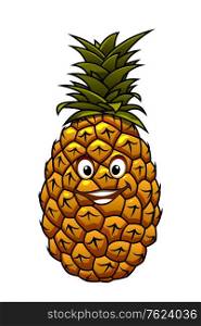 Fun cartoon tropical pineapple fruit with a happy smiling face and crown of green leaves. Fun cartoon tropical pineapple