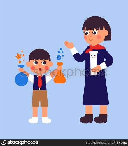 Fun chemistry lesson. Boy holding laboratory tools, science research. Student and teacher, cute cartoon education vector characters. School chemistry education, experiment of laboratory. Fun chemistry lesson. Boy holding laboratory tools, science research. Student and teacher, cute cartoon education vector characters