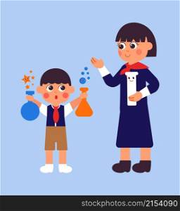 Fun chemistry lesson. Boy holding laboratory tools, science research. Student and teacher, cute cartoon education vector characters. School chemistry education, experiment of laboratory. Fun chemistry lesson. Boy holding laboratory tools, science research. Student and teacher, cute cartoon education vector characters