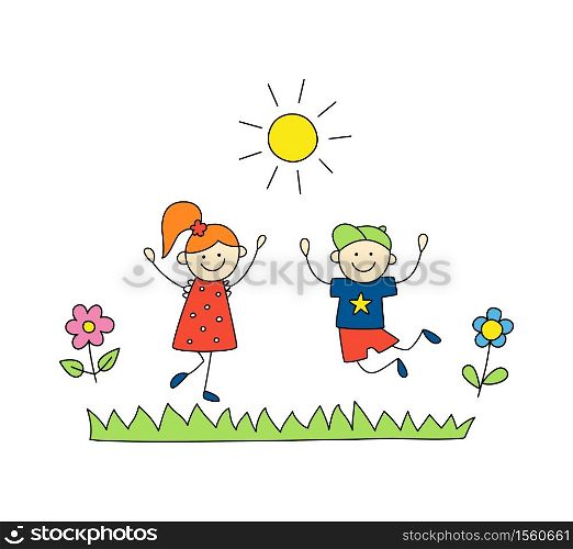 Fun children play outdoors. Cute doodle boy and girl jump. Hand drawn vector illustration on white background. Fun children play outdoors. Cute doodle boy and girl jump.