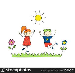 Fun children play outdoors. Cute doodle boy and girl jump. Hand drawn vector illustration on white background. Fun children play outdoors. Cute doodle boy and girl jump.