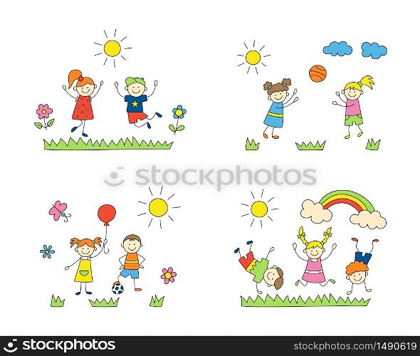 Fun children play outdoors. Cute doodle kids, boys and girls. A set of color isolated scenes. Hand drawn vector illustration on white background. Fun children play outdoors. Cute doodle kids, boys and girls.