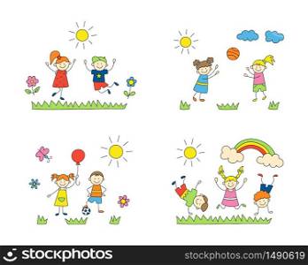 Fun children play outdoors. Cute doodle kids, boys and girls. A set of color isolated scenes. Hand drawn vector illustration on white background. Fun children play outdoors. Cute doodle kids, boys and girls.