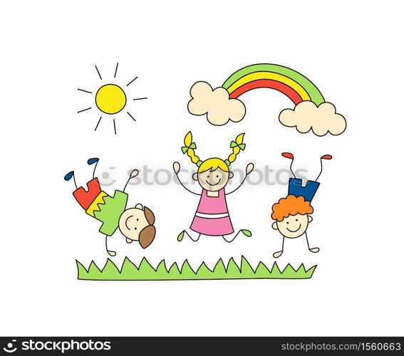 Fun children play outdoors. Cute doodle kids, sun and rainbow. Hand drawn vector illustration on white background. Fun children play outdoors. Cute doodle kids, sun and rainbow.