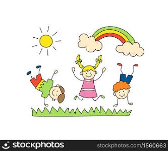 Fun children play outdoors. Cute doodle kids, sun and rainbow. Hand drawn vector illustration on white background. Fun children play outdoors. Cute doodle kids, sun and rainbow.