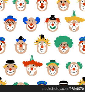 Fun clowns seamless pattern. Vector illustration with comedians isolated on a white background.