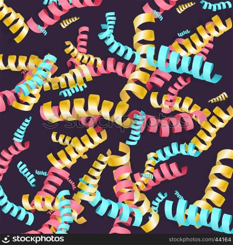Fun colorful serpentine background for holiday designs for kids, colorful streamers decoration on dark blue background